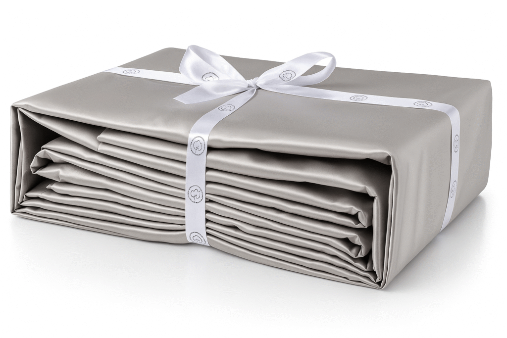 GOTS-certified light gray organic cotton sheet set with a silky finish, tied in a white ribbon