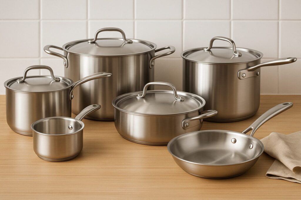 A high-quality non-toxic stainless steel cookware set arranged on a kitchen counter, including saucepans, skillets, and a stockpot with lids.