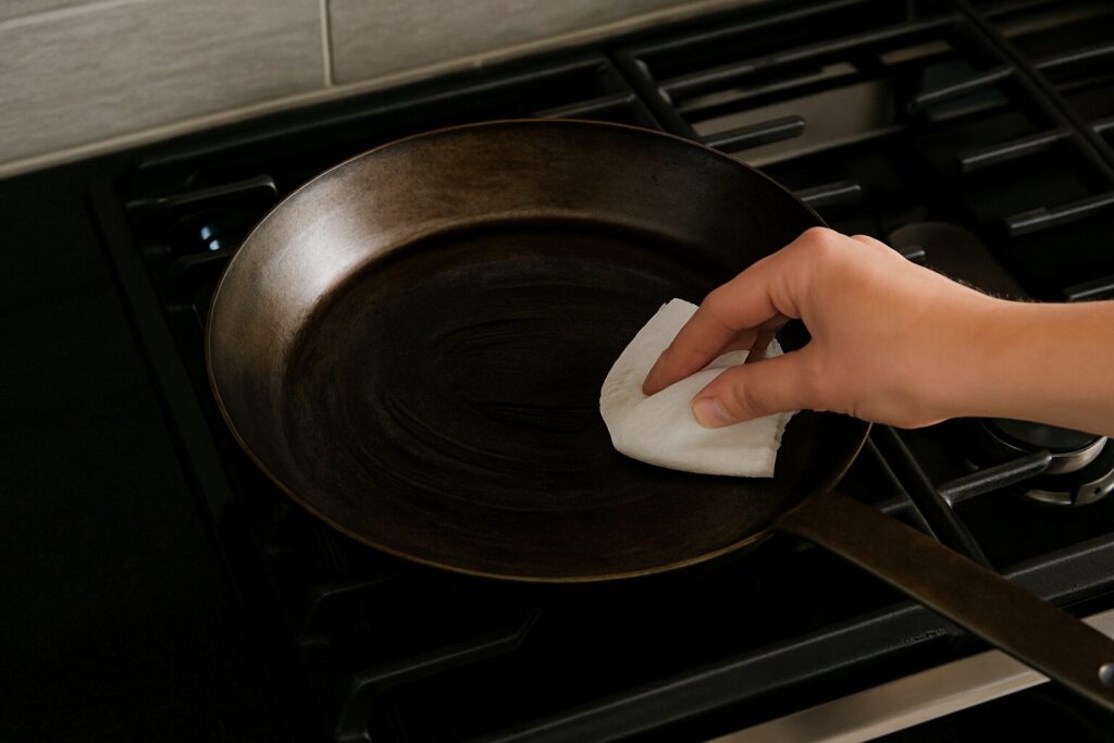 A close-up view of a hand gently seasoning a carbon steel pan with a paper towel on a gas stovetop. The pan's surface has a rich, dark patina, and the background includes a neutral tile backsplash and clean burner grates, creating a calm and focused kitchen scene.