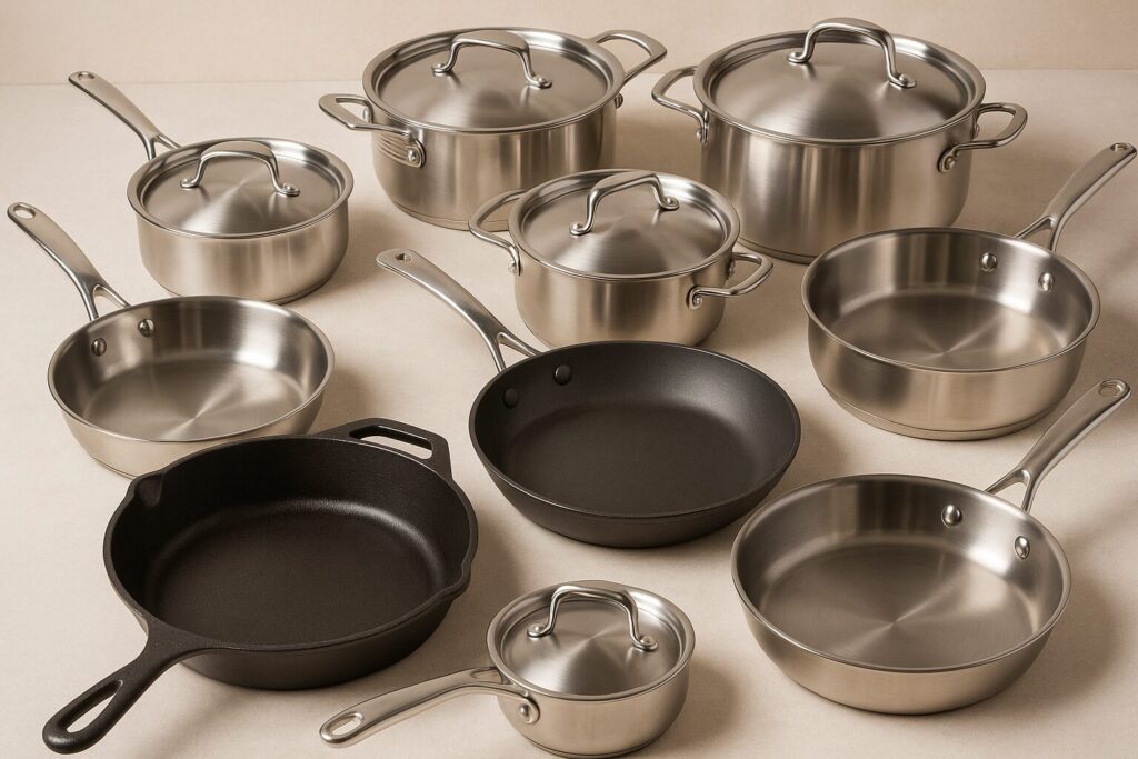 An assortment of high-quality non-toxic cookware sets arranged on a neutral countertop, featuring stainless steel pots and pans, a cast iron skillet, and a carbon steel frying pan—ideal for safe, chemical-free cooking.
