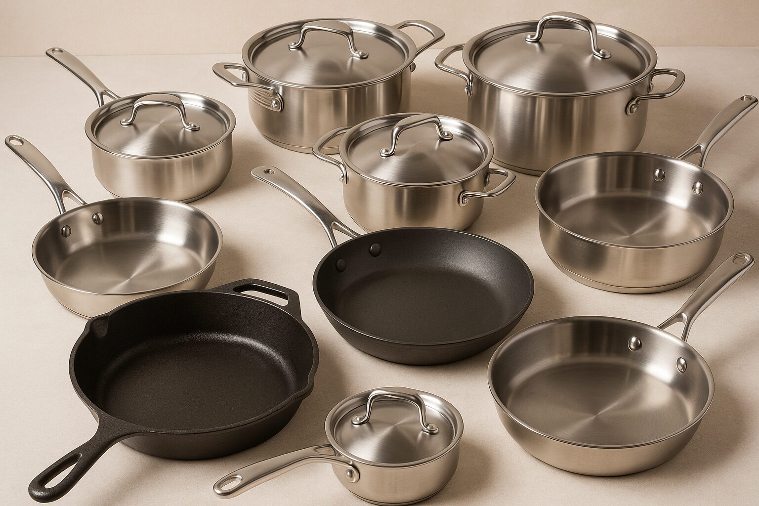 An assortment of high-quality non-toxic cookware sets arranged on a neutral countertop, featuring stainless steel pots and pans, a cast iron skillet, and a carbon steel frying pan—ideal for safe, chemical-free cooking.
