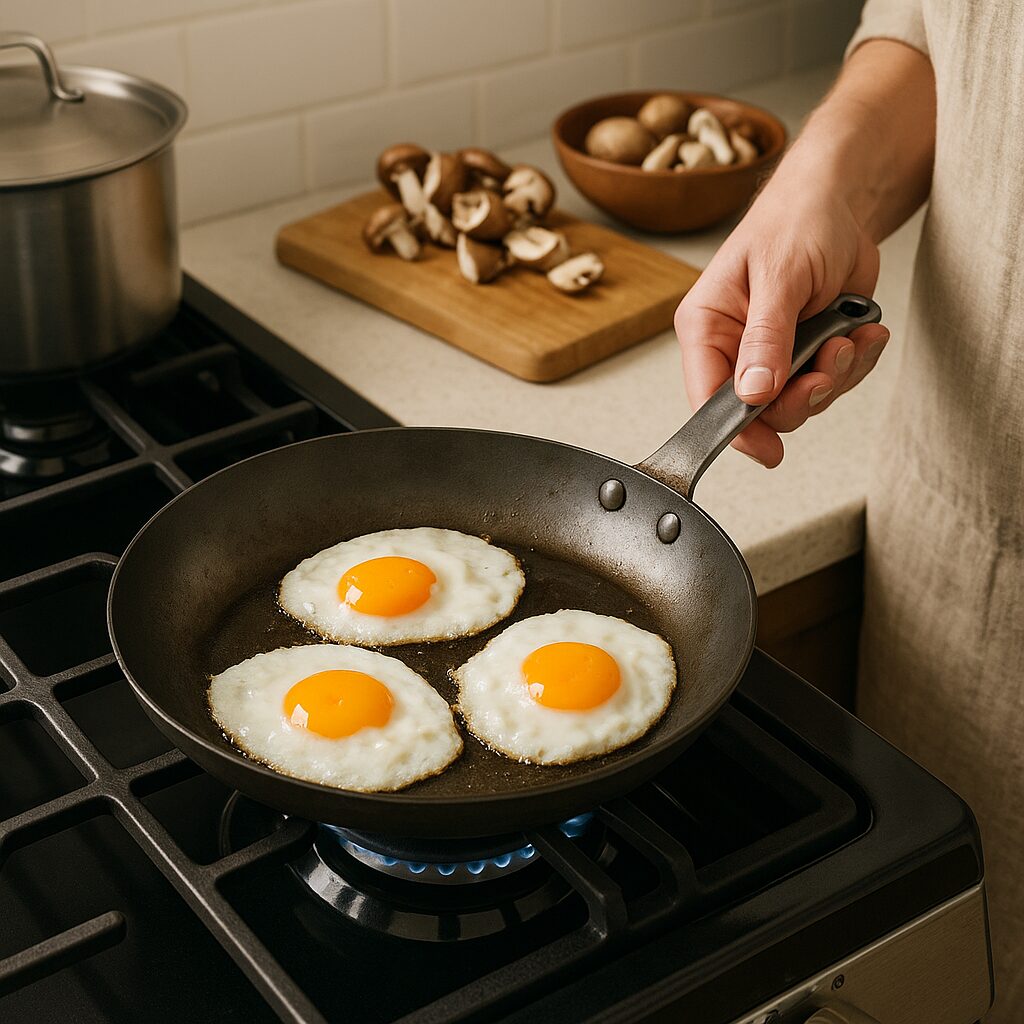 A close-up of a person frying three sunny-side-up eggs in a seasoned carbon steel pan on a gas stove. The person is holding the handle with a full grip, and mushrooms sit on a wooden cutting board in the background, adding a cozy kitchen atmosphere.