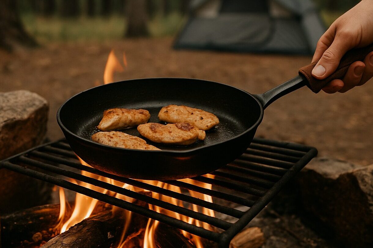 A cast iron skillet with four pieces of chicken cooks over an open campfire on a metal grate, surrounded by rocks in a forest campsite. A hand grips the skillet handle, and a tent is visible in the background among the trees.