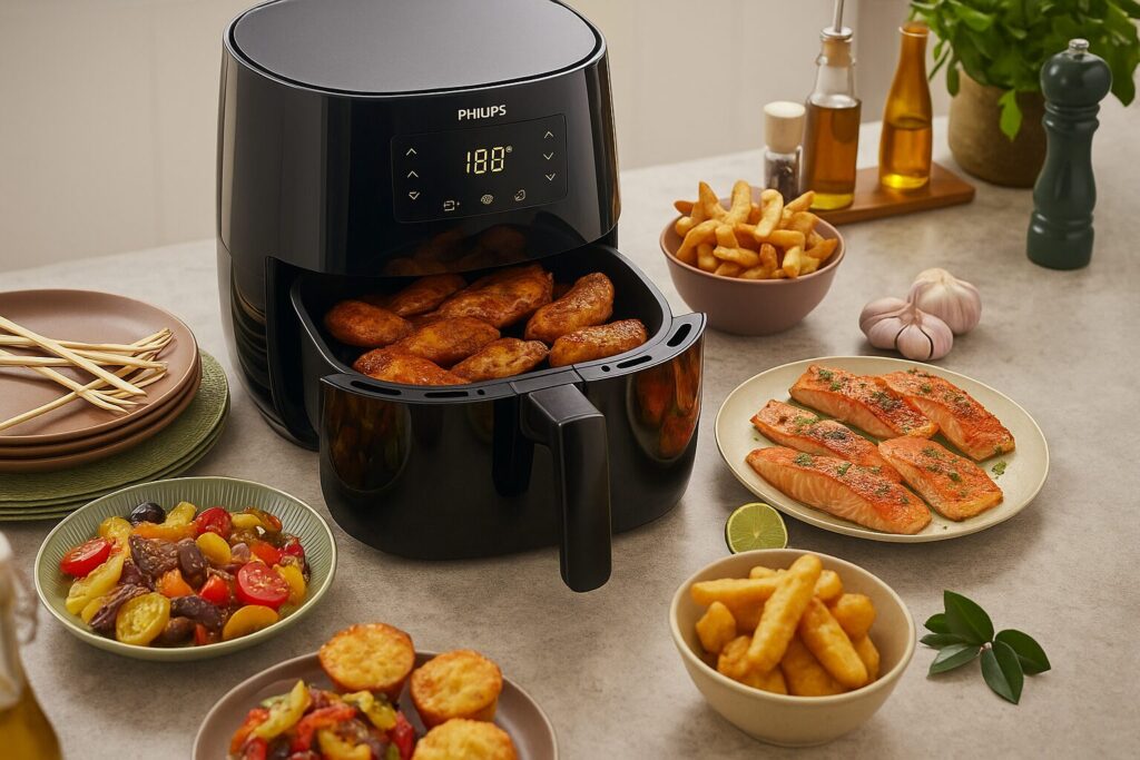 A Teflon-coated air fryer cooking chicken wings on a kitchen counter, surrounded by various dishes—example of a nonstick air fryer with PFAS-based coating.