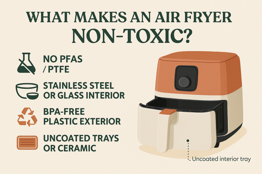 Illustrated infographic titled “What Makes an Air Fryer Non-Toxic?” featuring a modern, beige and terracotta air fryer with a labeled uncoated interior tray. The visual includes icons and text highlighting key non-toxic air fryer features: no PFAS/PTFE, stainless steel or glass interiors, BPA-free plastic exteriors, and uncoated trays or ceramic materials. This educational graphic is ideal for healthy living and toxin-free kitchen guides.