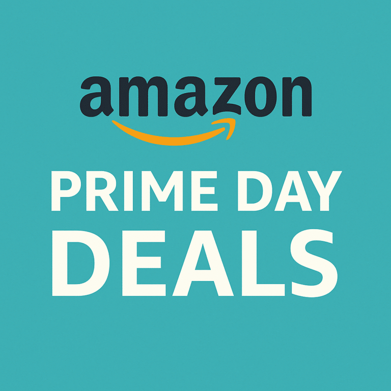 A promotional graphic for Amazon Prime Day featuring a vibrant turquoise background with the Amazon logo in black and orange, and the text "PRIME DAY DEALS" in large white uppercase letters.