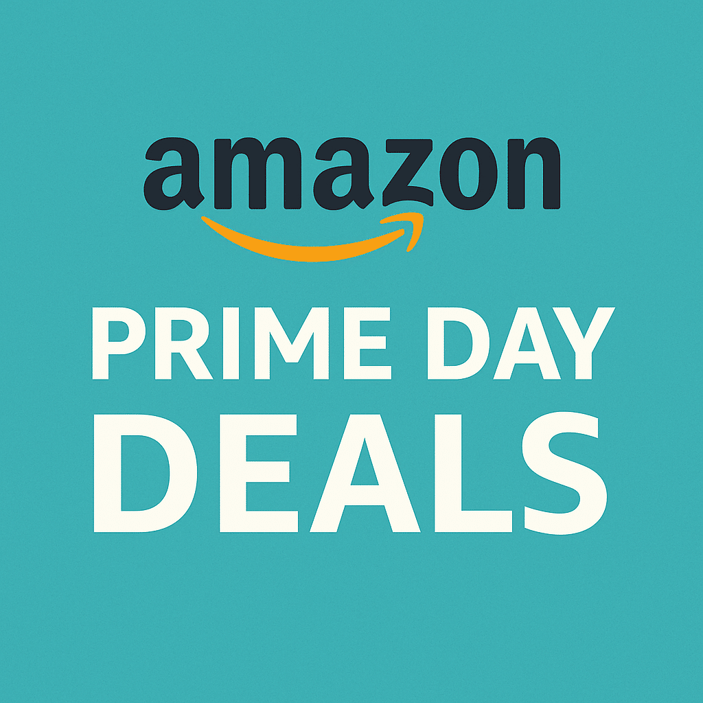 A promotional graphic for Amazon Prime Day featuring a vibrant turquoise background with the Amazon logo in black and orange, and the text "PRIME DAY DEALS" in large white uppercase letters.