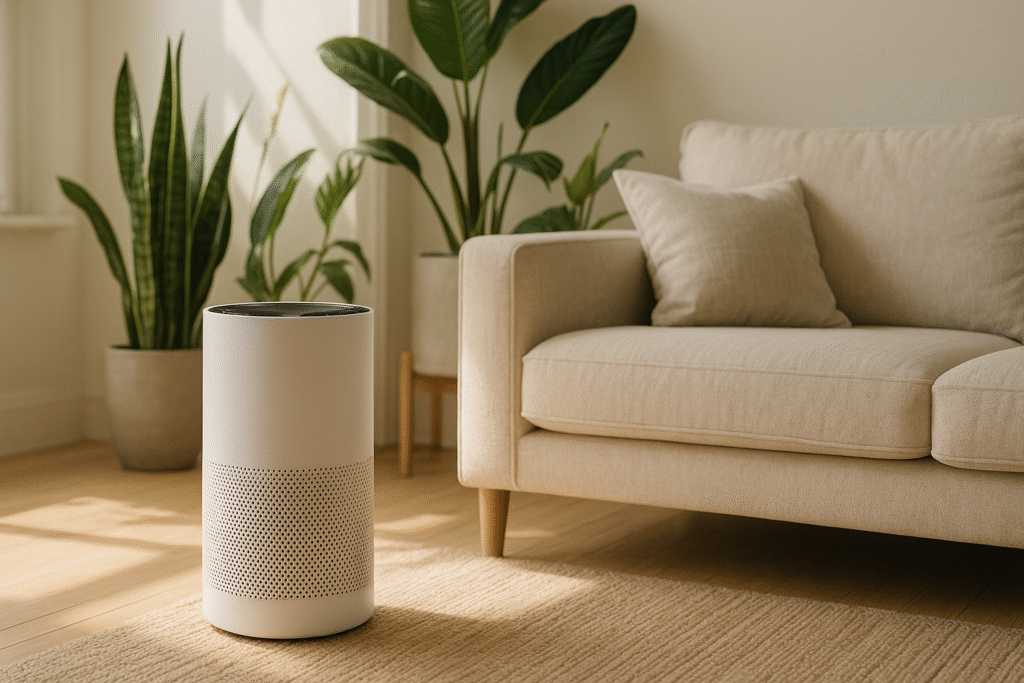 White HEPA air purifier in a sunlit living room with houseplants and beige sofa, showcasing non-toxic air purifiers for a healthier home.