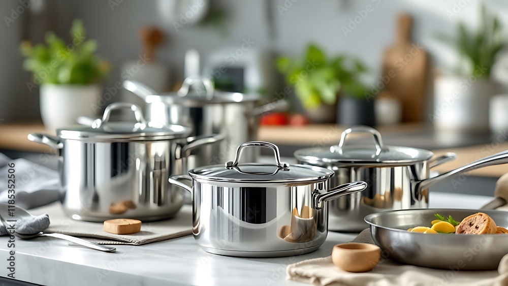 A set of shiny stainless steel pots and pans neatly arranged on a kitchen counter.