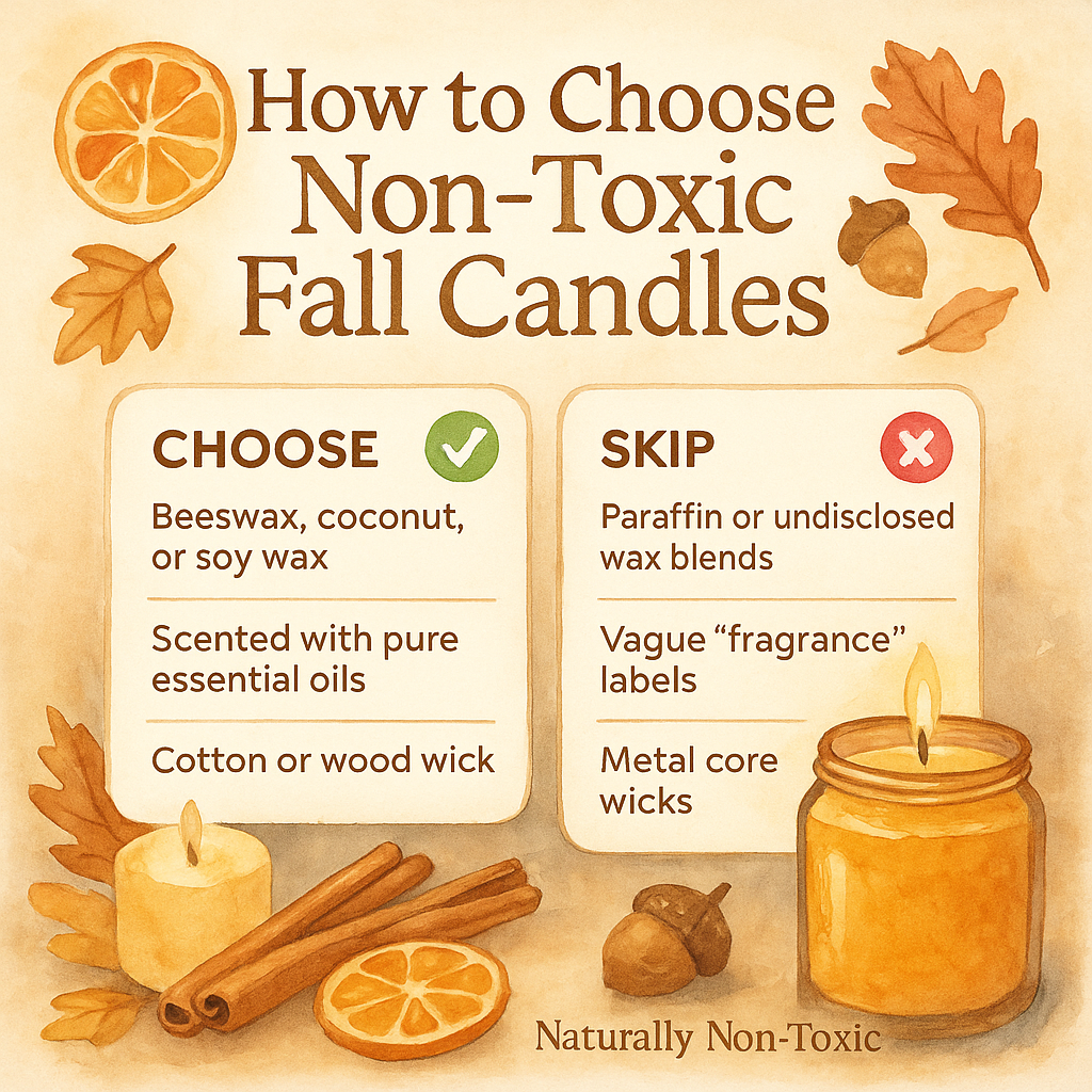 Watercolor infographic titled “How to Choose Non-Toxic Fall Candles” with leaves, dried orange, cinnamon, and an amber jar. Choose: beeswax/coconut/soy, essential-oil scents, cotton/wood wicks. Skip: paraffin, vague “fragrance,” metal-core wicks.