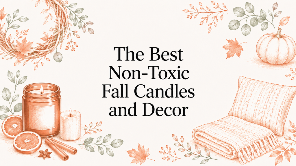 Sketch-style illustration for a guide to non-toxic fall candles and decor, featuring beeswax candles, pumpkins, natural wreaths, cozy textiles, cinnamon and dried oranges.
