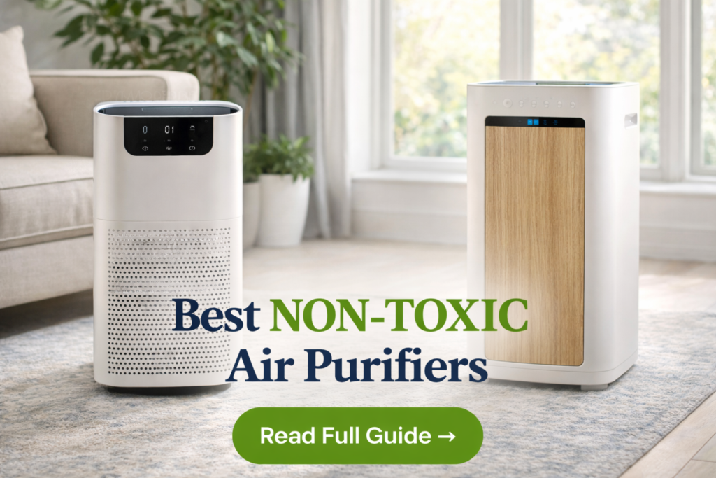 Bright living room with a non-toxic air purifier running on hardwood floors, promoting a guide to the best non-toxic air purifiers for home use.