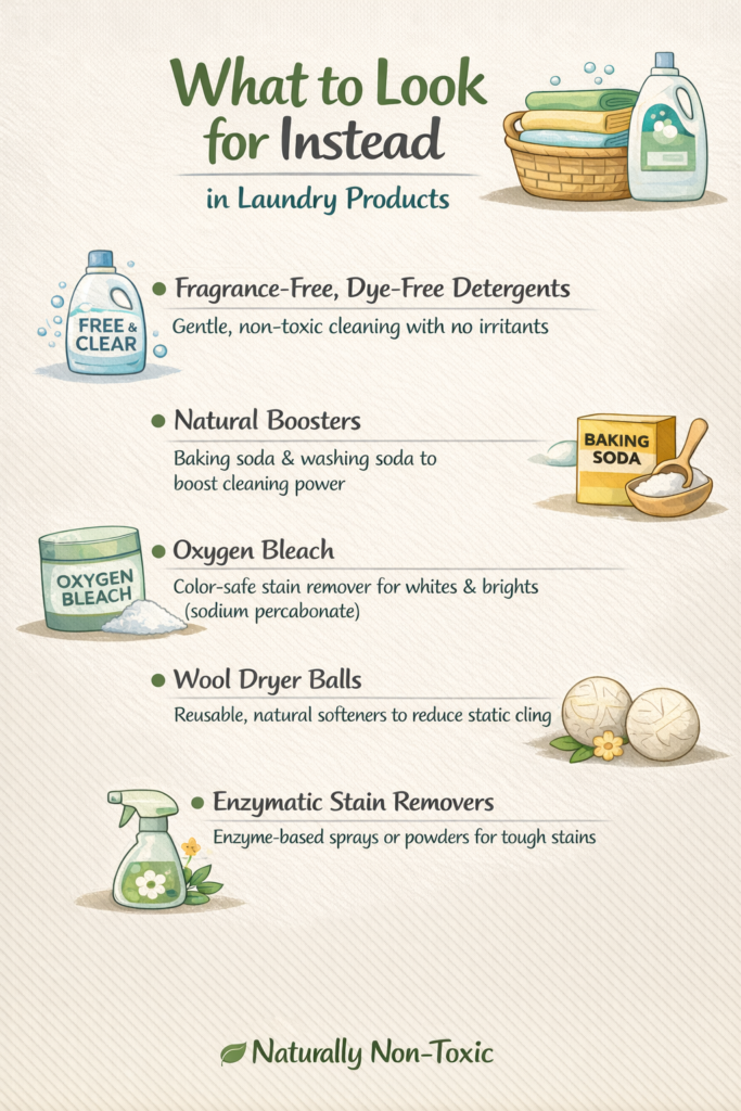 Infographic showing what to look for instead in non-toxic laundry products: fragrance-free dye-free detergent, baking soda boosters, oxygen bleach, wool dryer balls, and enzymatic stain removers.