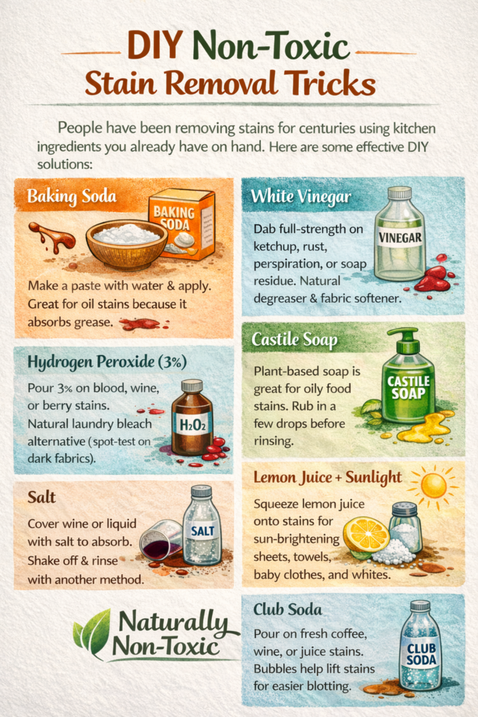 DIY non-toxic stain removal cheat sheet infographic with baking soda, white vinegar, hydrogen peroxide, castile soap, salt, lemon juice + sunlight, and club soda tips for laundry stains (Naturally Non-Toxic).