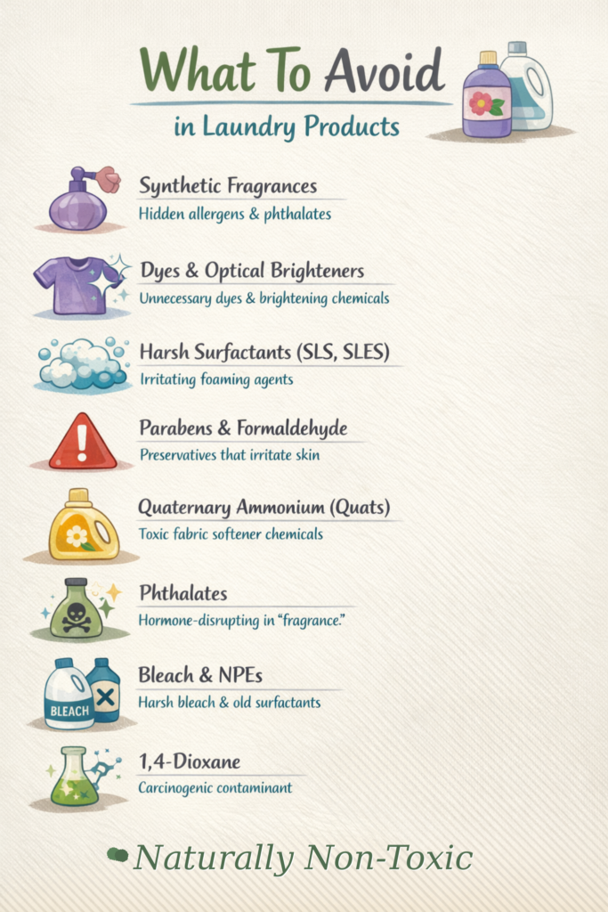 Infographic showing what to avoid in non-toxic laundry products: synthetic fragrance, dyes, optical brighteners, SLS/SLES, parabens, quats, phthalates, bleach, and 1,4-dioxane.