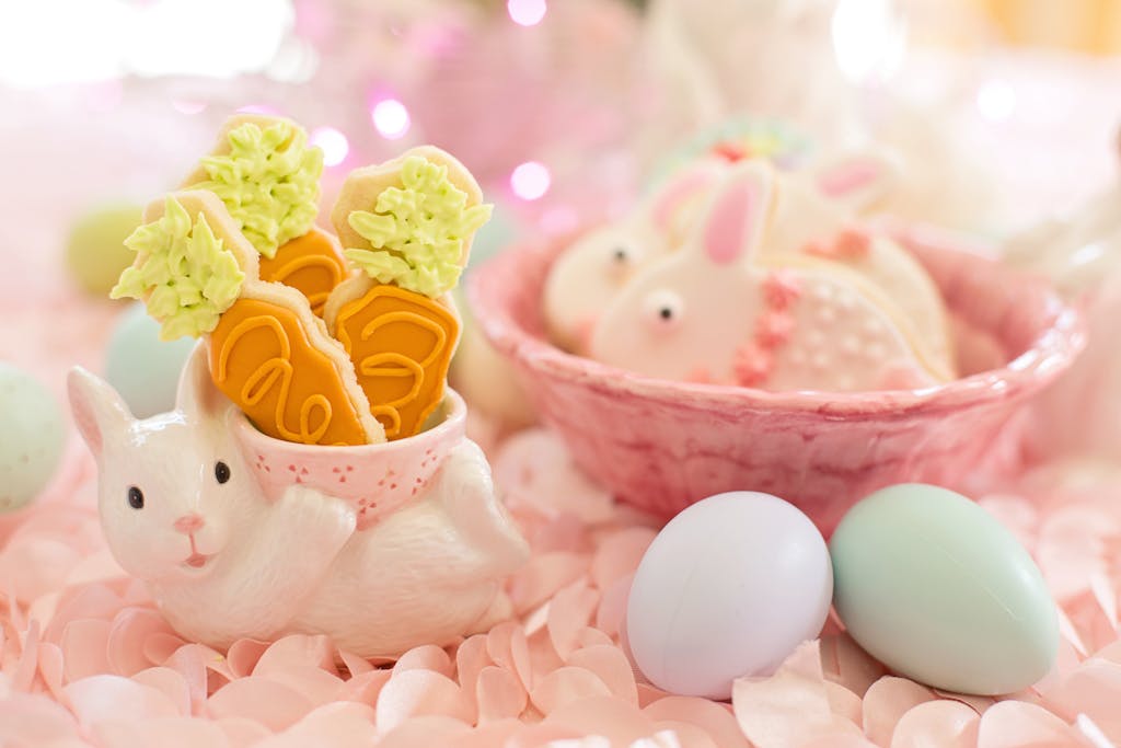 Delightful Easter cookies and pastel eggs in a whimsical setting ideal for festive decor.