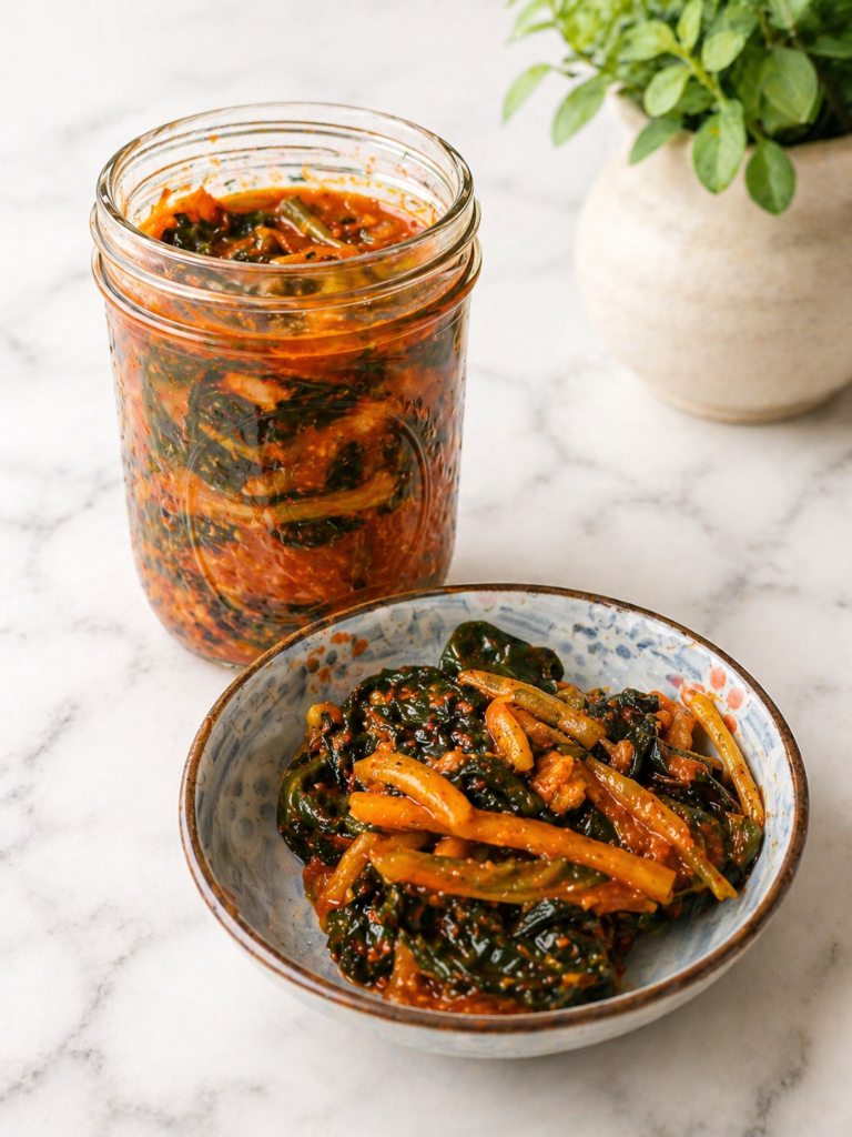 homemade kimchi display in a pint jar and serving dish