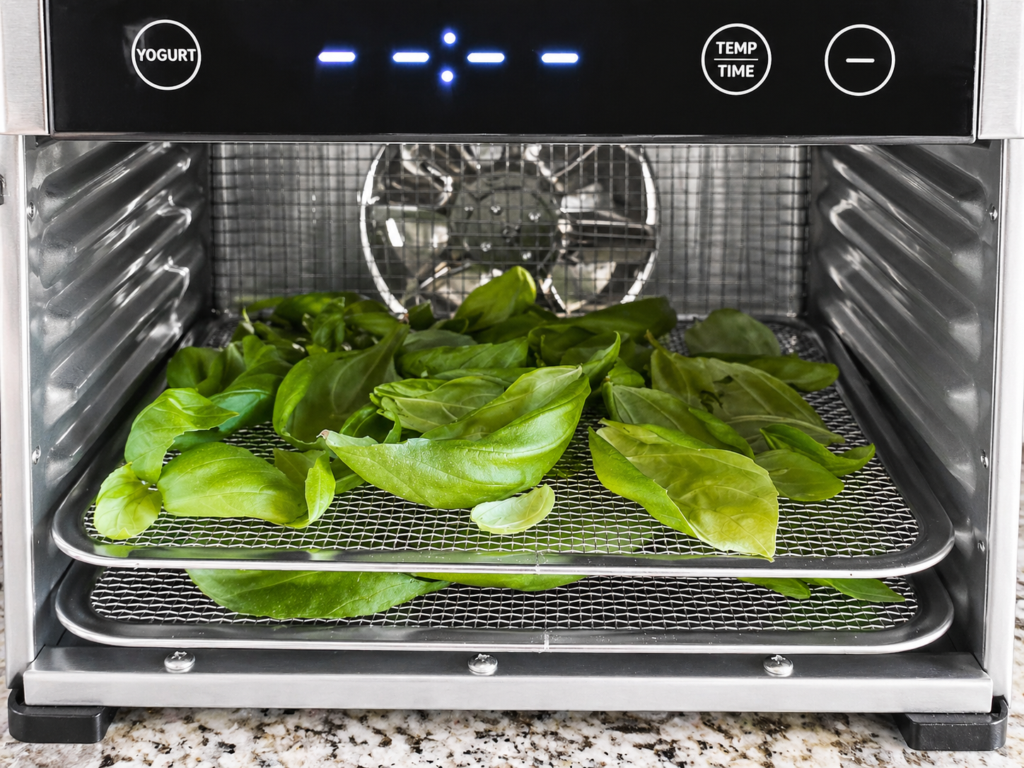 fresh basil leaves in a stainless steel dehydrator 