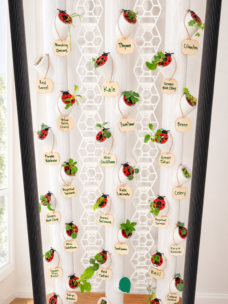 smart indoor garden setup with small seedlings, plant labels, and ladybug algae covers