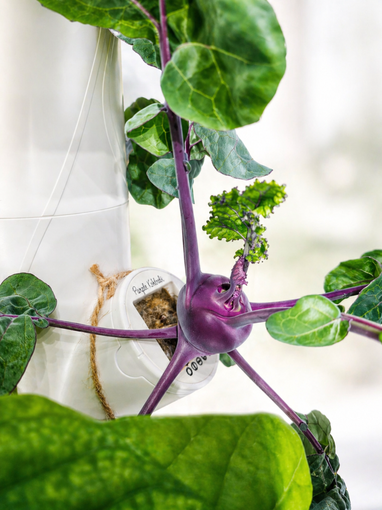 close up image featuring purple kohlrabi growing in an indoor pesticide-free hydroponic smart garden