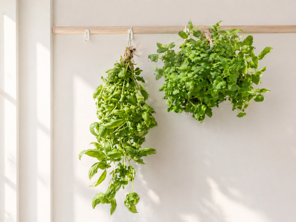 fresh herbs harvested from a pesticide-free indoor smart garden hang to dry