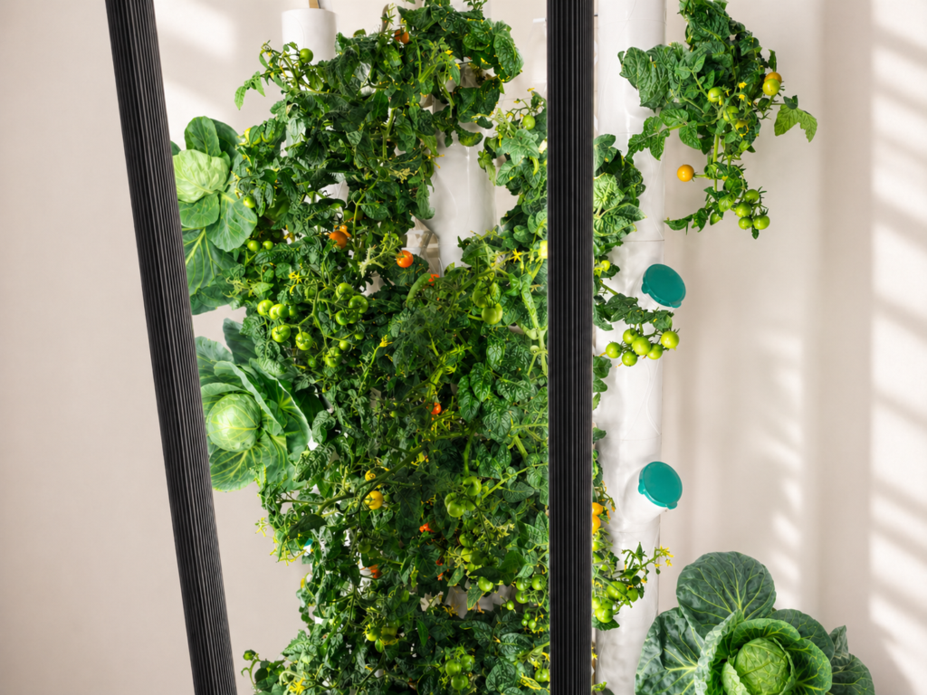 an indoor smart garden flush with pesticide-free tomato and cabbage plants