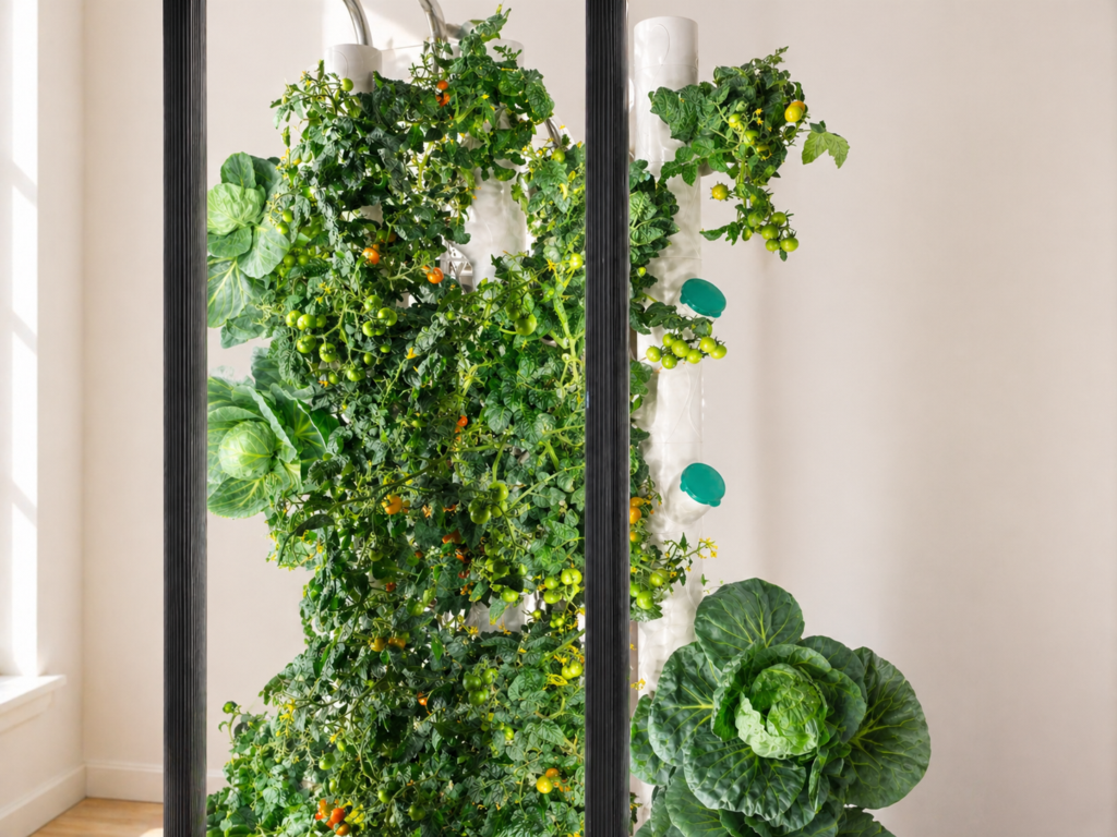 indoor smart garden flush with pesticide free tomato and cabbage plants