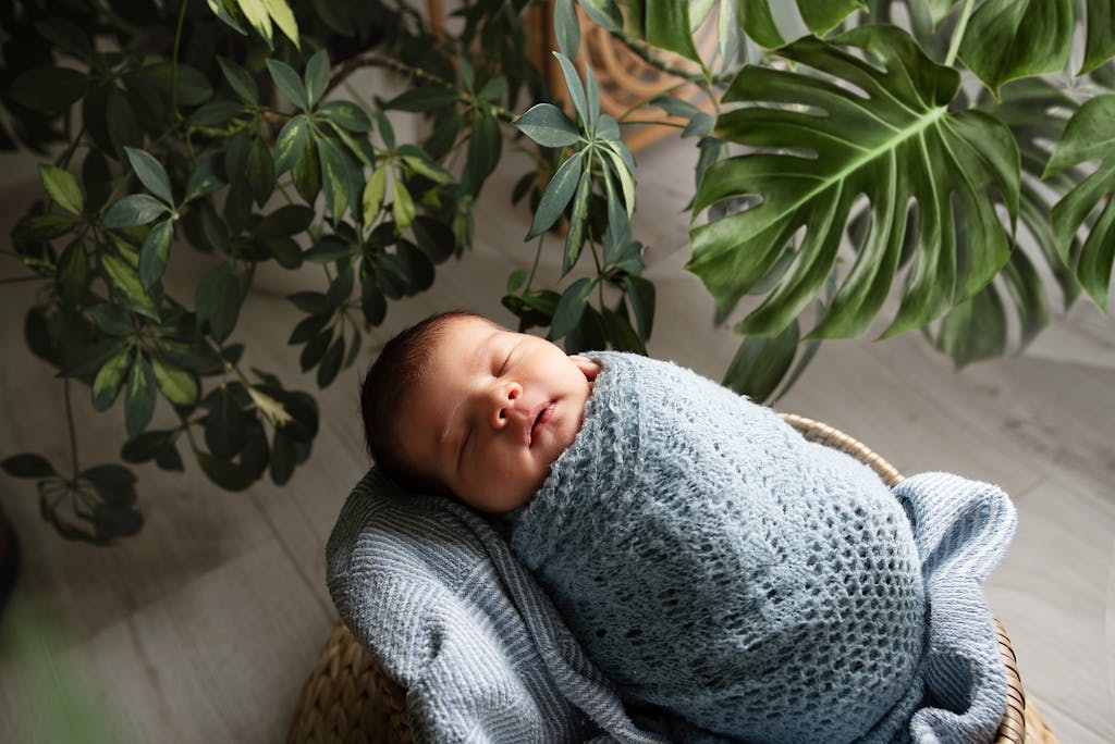 Adorable baby wrapped in a blue knit blanket, peacefully sleeping among lush green plants.