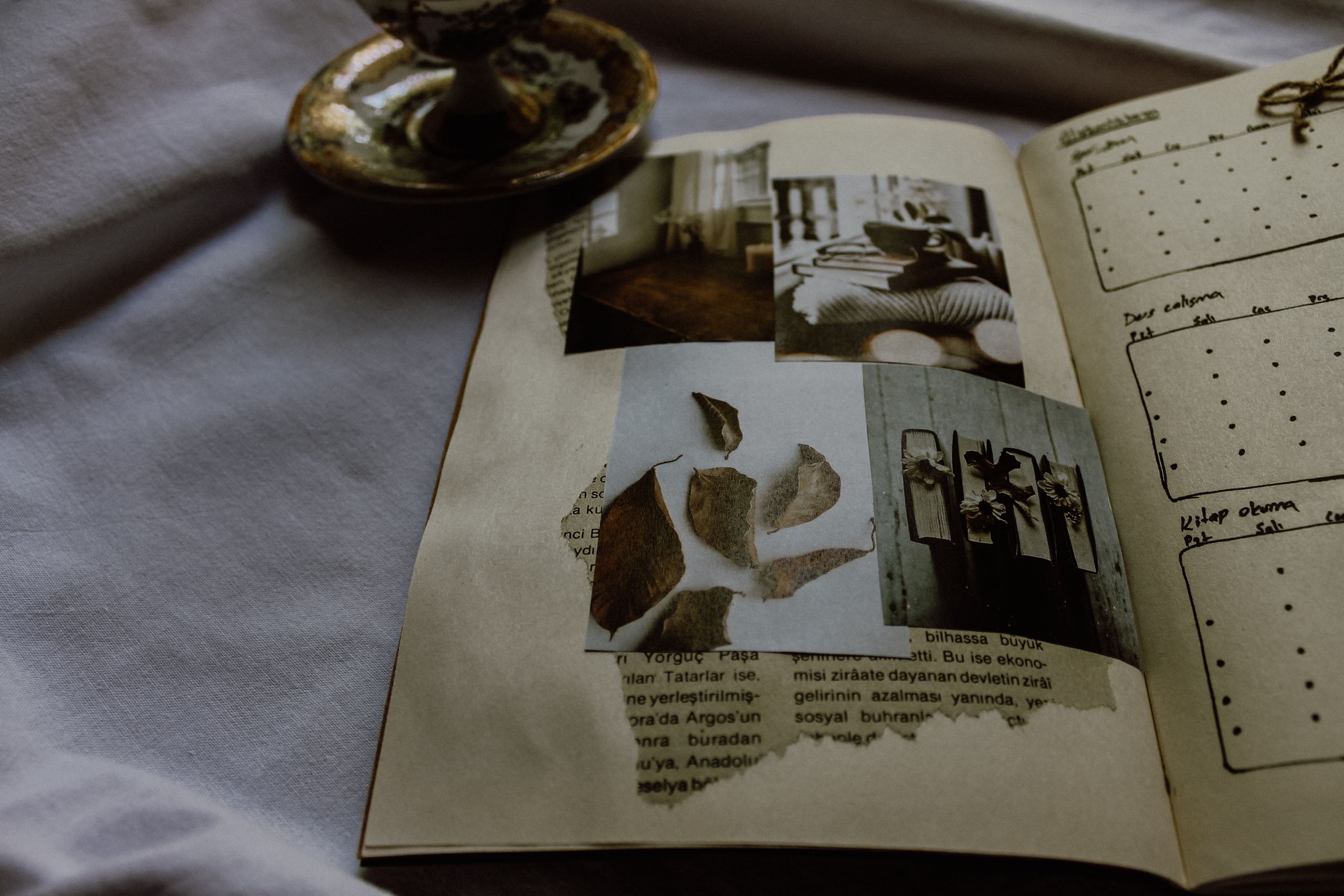 A vintage scrapbook featuring artistic photographs and journal entries, evoking nostalgia.