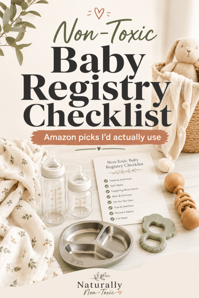 Soft neutral nursery flat lay for a non-toxic baby registry checklist featuring glass baby bottles, organic cotton swaddle, stainless steel divided baby plate, wooden rattle, natural rubber teether, and printed baby registry checklist with text overlay reading “Non-Toxic Baby Registry Checklist” and “Amazon picks I’d actually use.”