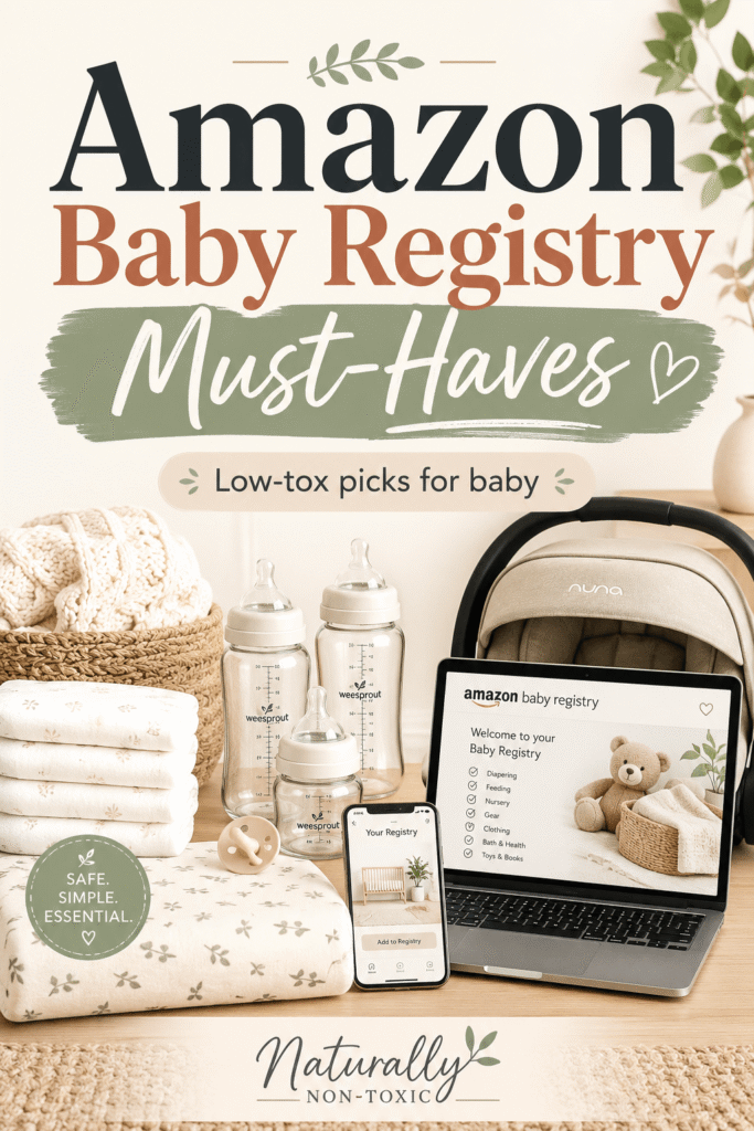 Pinterest graphic for Amazon baby registry must-haves with glass baby bottles, organic crib sheet, baby diapers, neutral car seat, laptop and phone showing a baby registry, and text overlay reading “Amazon Baby Registry Must-Haves” with “Low-tox picks for baby.”