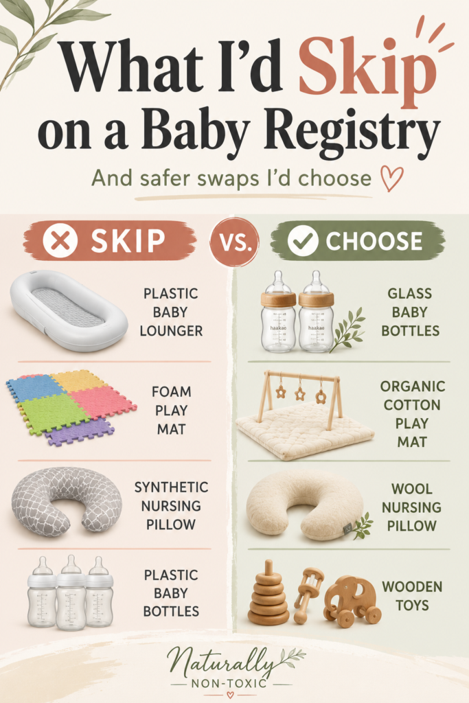 Split comparison Pinterest graphic showing baby registry items to skip versus safer swaps, including plastic baby lounger, foam play mat, synthetic nursing pillow, and plastic baby bottles compared with glass bottles, organic cotton play mat, wool nursing pillow, and wooden toys. Text overlay reads “What I’d Skip on a Baby Registry” and “And safer swaps I’d choose.”