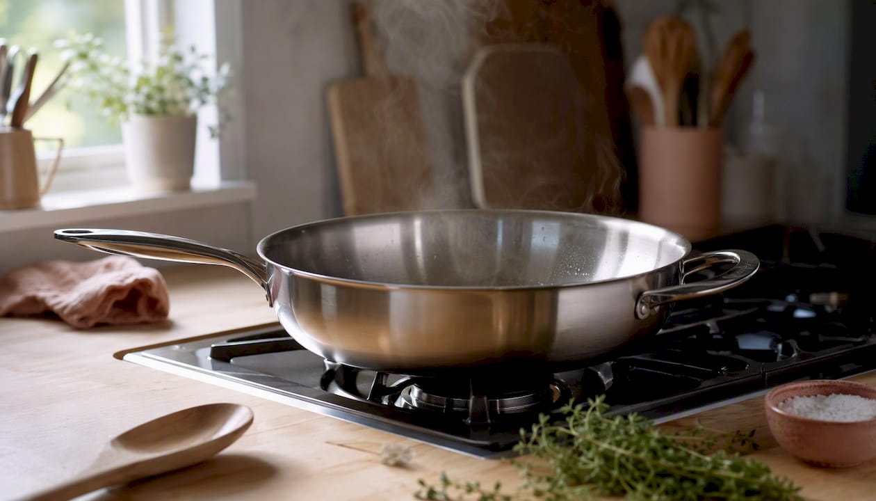 Tri-ply stainless steel pan heating on stove