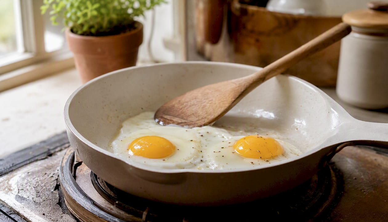 Ceramic-coated pan cooking eggs on stovetop