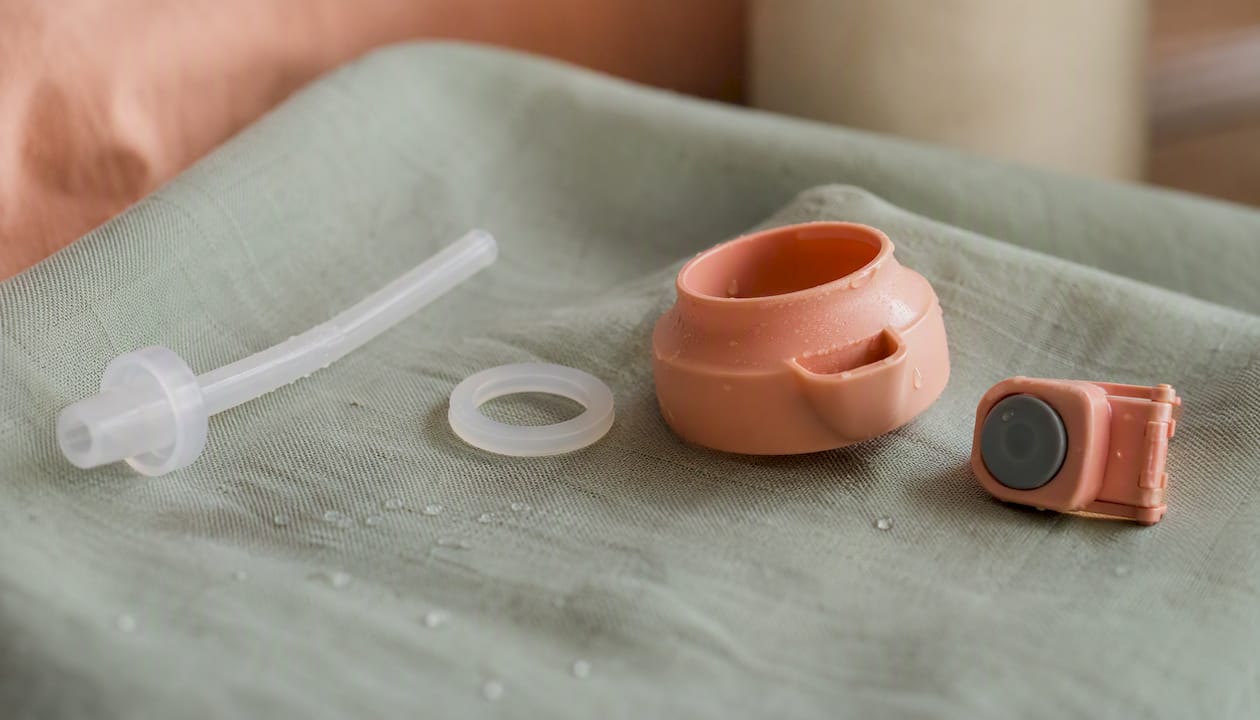 Disassembled kids water bottle straw parts