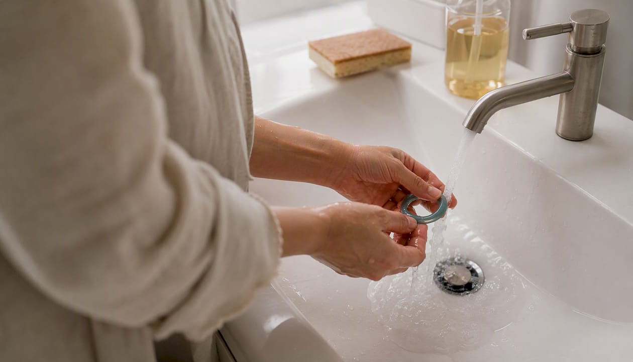 Hands removing silicone gasket for cleaning