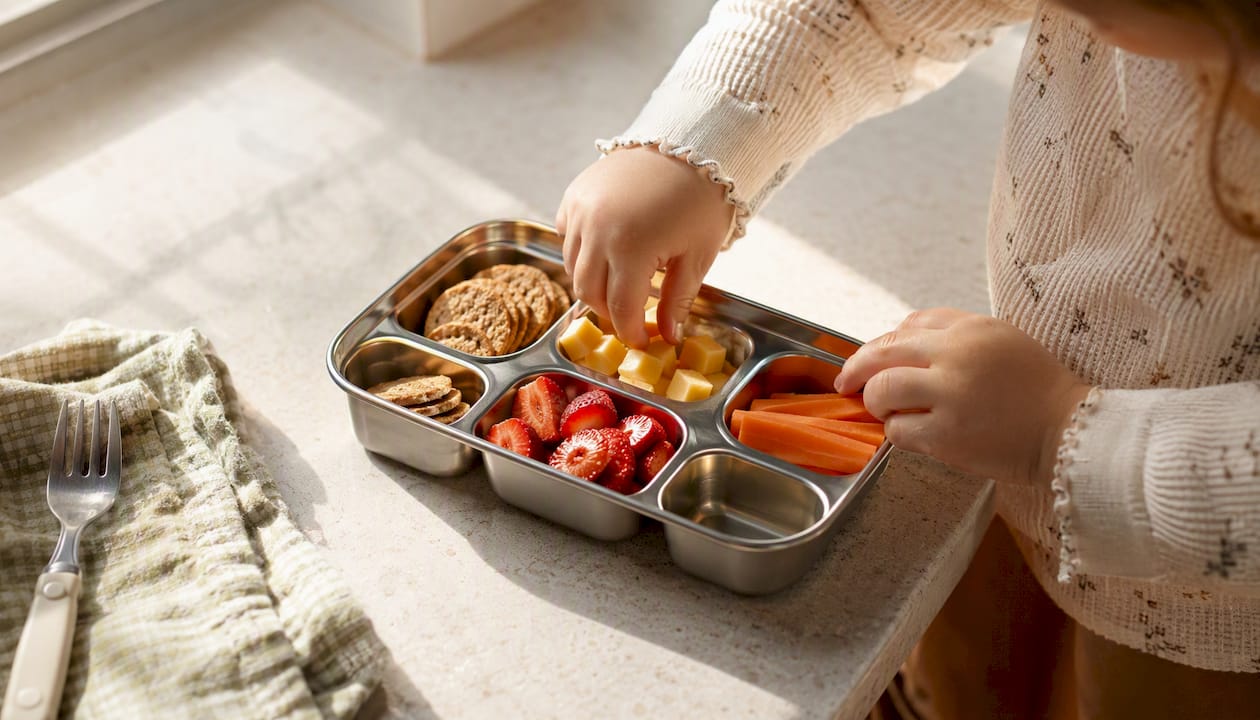 Toddler lunchbox compartment layout with food