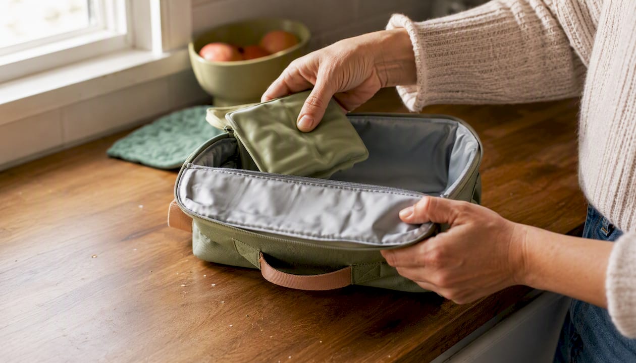 Hands packing ice pack into insulated lunch bag