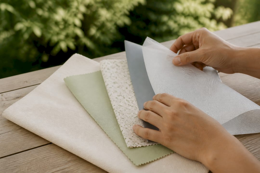 Hands inspecting fabric swatches for lunch bags