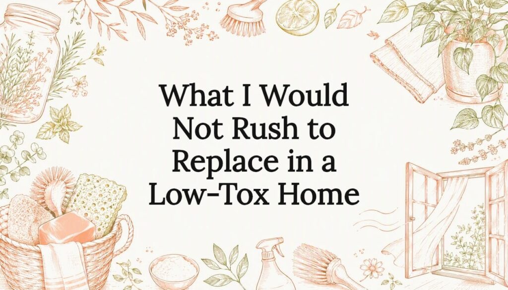 Decorative header: "What I Would Not Rush to Replace in a Low-Tox Home" with plants, soap, brush, and open window sketches