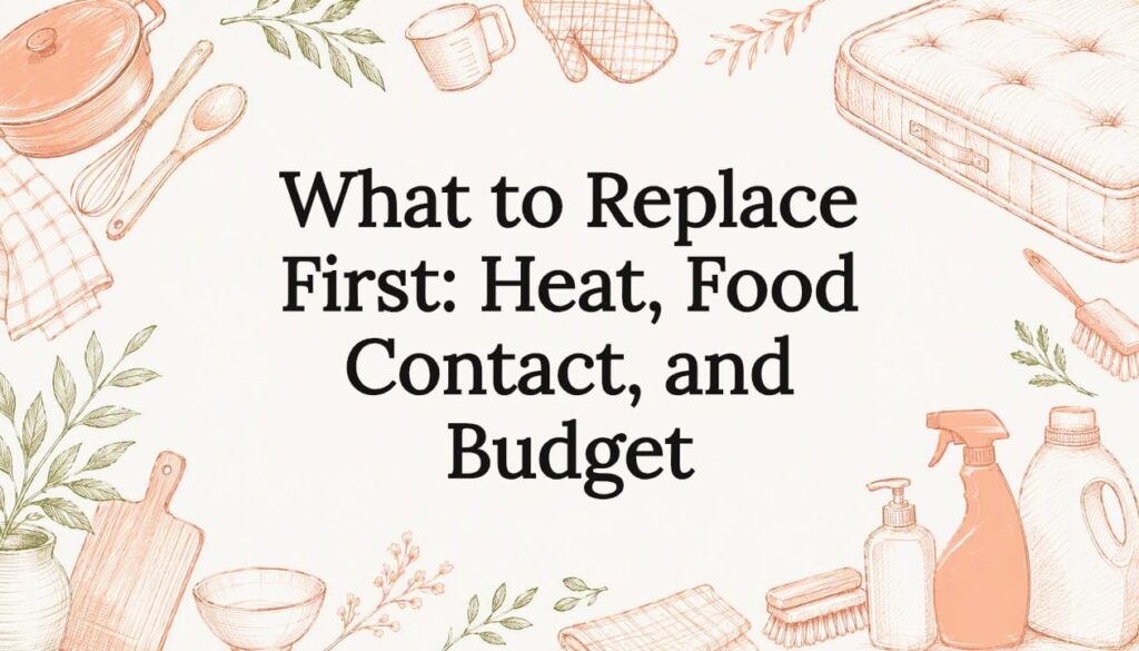Title card for non-toxic swaps: "What to Replace First: Heat, Food Contact, and Budget" with cookware and cleaning drawnings