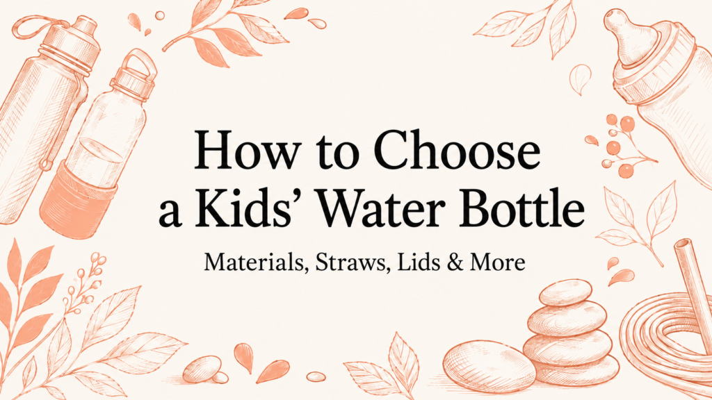 Illustrated guide to choosing a kids’ water bottle based on materials, lids, straws, plastic contact, and other safety considerations