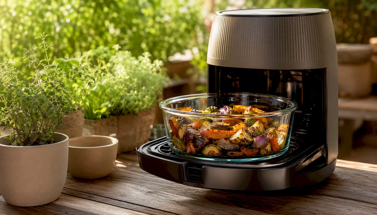 Glass air fryer bowl cooking in home kitchen