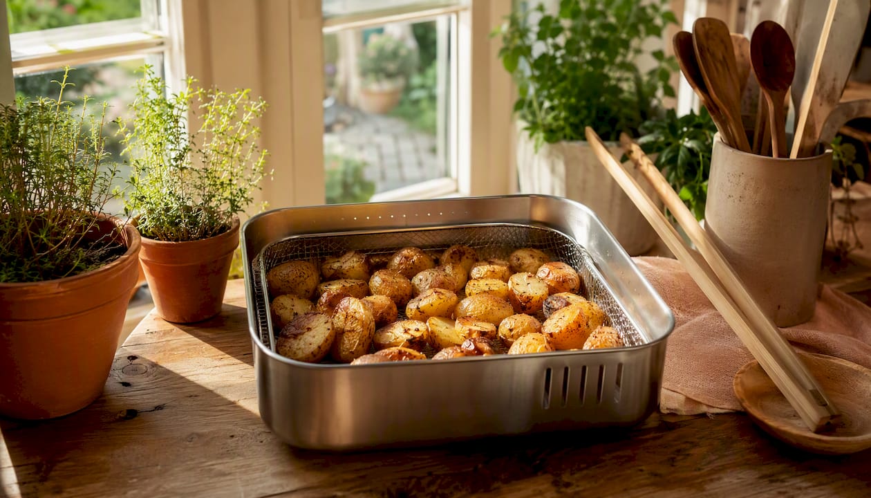 Bare stainless steel air fryer basket with food