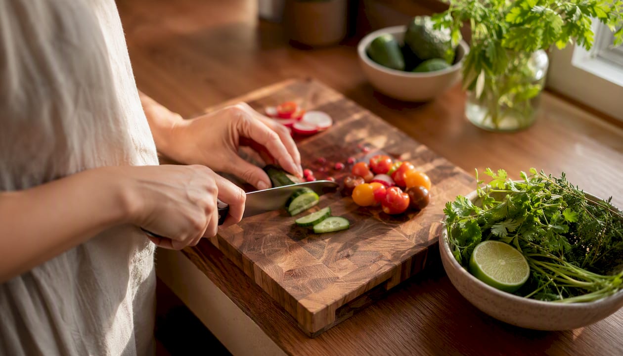 Hands slicing vegetables on wooden end-grain cutting board