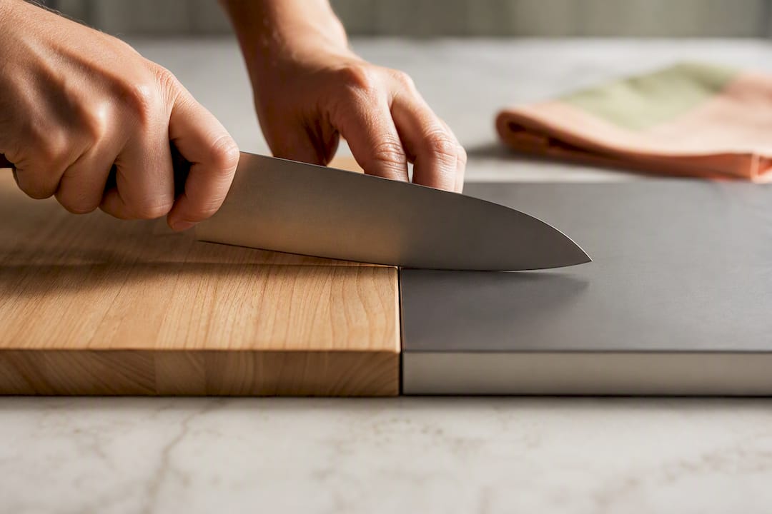 Knife contacting wood and titanium surfaces