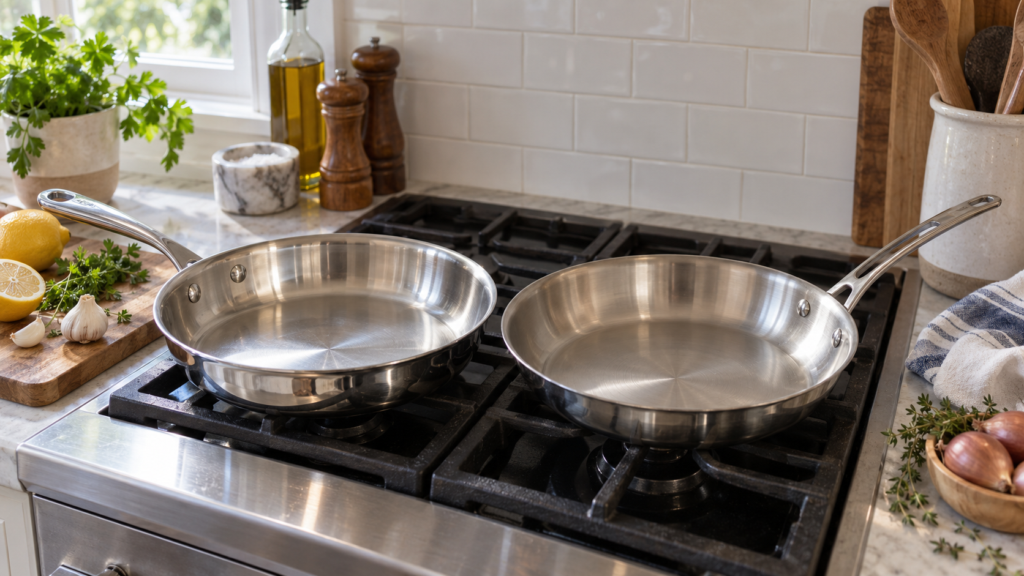 Side-by-side 360 Cookware and Heritage Steel stainless skillets on gas stove with lemons, herbs, and utensils