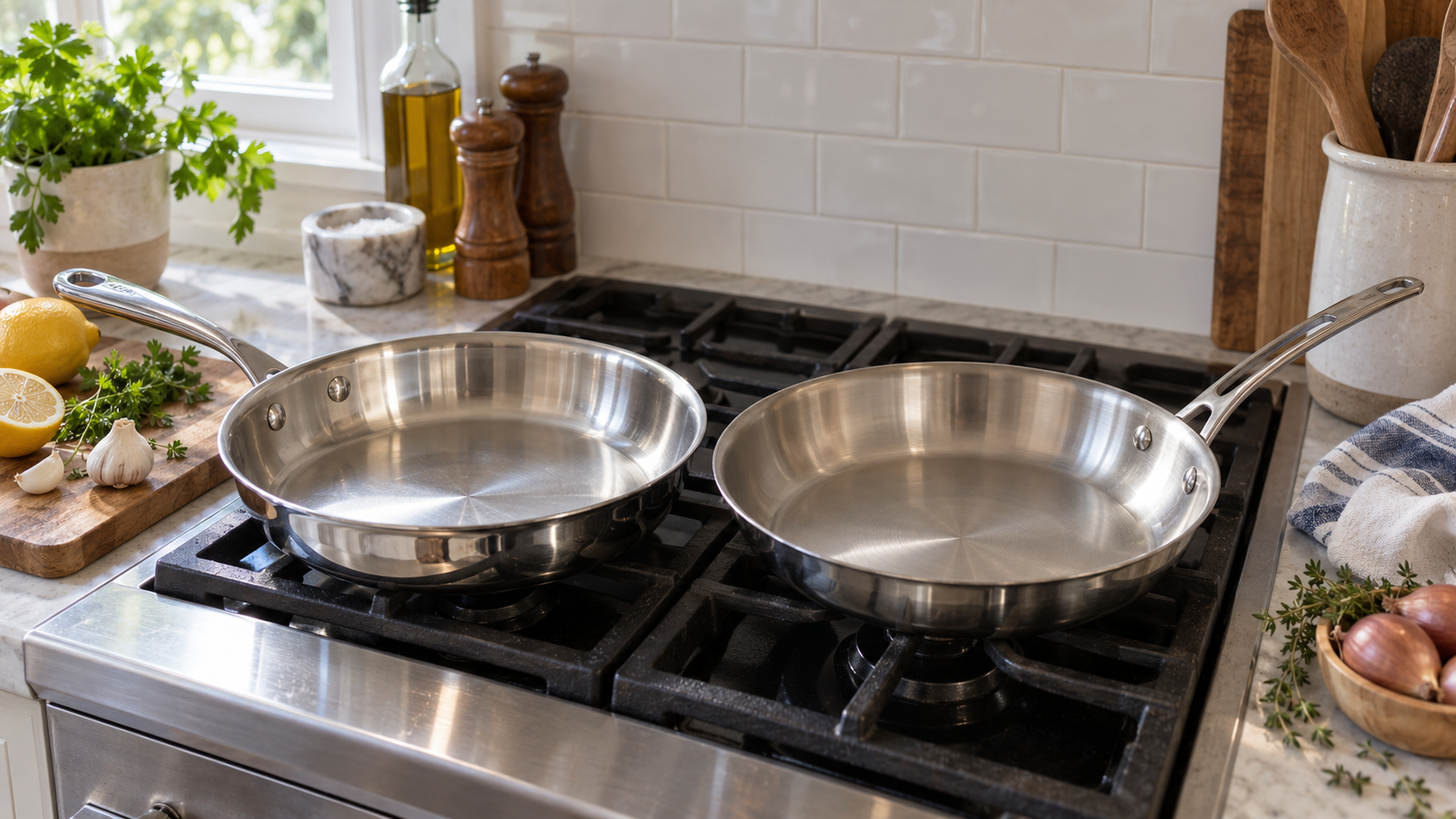 360 Cookware vs Heritage Steel stainless skillets comparison on gas stove with lemons, herbs, and utensils nearby for context