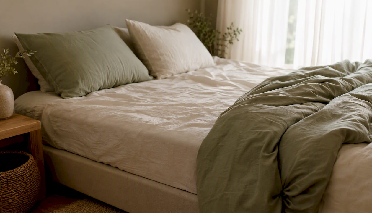 Bedroom with natural fiber bedding and mattress