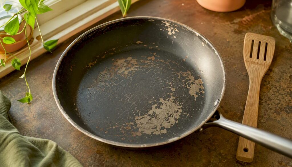Worn, scratched nonstick pan on stovetop beside wooden spatula, example of cookware to retire for non-toxic kitchen